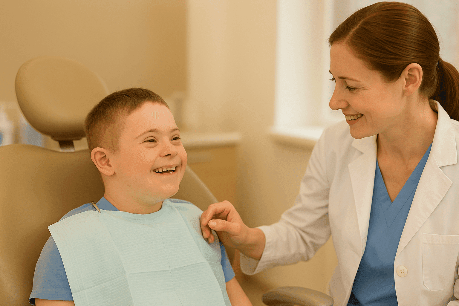 Smiling child with special needs in the dental chair beside a dentist